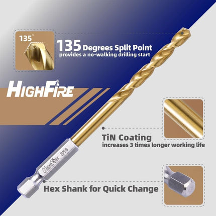 HIGHFIRE 3/16 Inch Twist Drill Bits - HSS Sharp Hex Shank, TiN Coated for Metal - Steel, Copper, Aluminum, Zinc Alloy (6 PCS Same Size in One Pack)