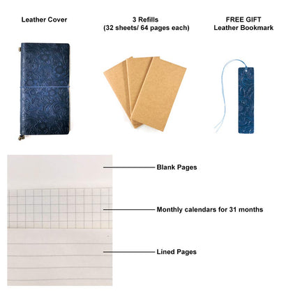Refillable Leather Journal, Handmade Notebook with Bookmark for Men & Women, Vintage Notebook perfect for writing, gifts, travelers (Blue, Standard)