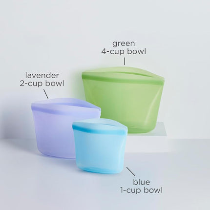 Stasher Reusable Silicone Storage Bag, Food Storage Container, Microwave and Dishwasher Safe, Leak-free, Bundle 3-Pack Bowls, Blue + Lavender + Green