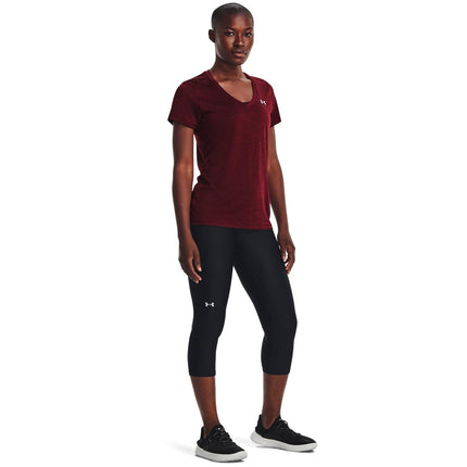 Under Armour Camiseta de manga corta con cuello en V y tecnología Tech Twist para mujer, color borgoña oscuro, talla XS