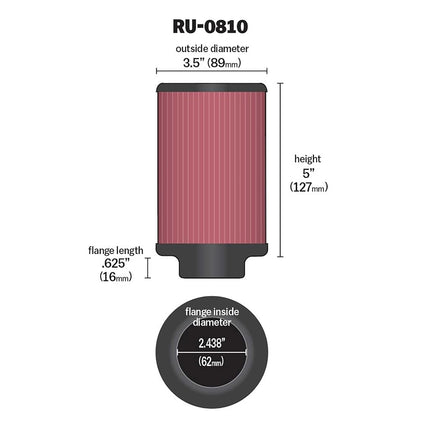K&N Universal Clamp-On Air Filter: High Performance, Premium, Washable, Engine Filter: Flange Diameter: 2.4375 In, Filter Height: 5 In, Flange Length: 0.625 In, Shape: Round, RU-0810