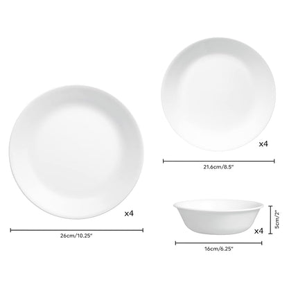 CORELLE Dinner Set (12-Piece, Winter Frosted White) for 4, 4 Dinner Plates, Dessert Plates and Bowls, 3 Times More Durable, Half the Space and Weight of Ceramic, Up to 80%