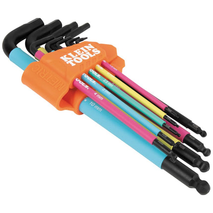 KLEIN TOOLS BLS9M 9-Piece Metric Ball End Hex Key Caddy Set, Color-Coded L Style, Extra-Long, Heat-Treated, 1.5 to 10 mm