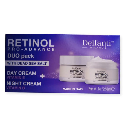 DELFANTI Milano | Retinol Pro-Advance Duo Pack with Dead Sea Salt - Day + Night Cream | 2X50mL