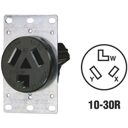 Leviton 5207-S10, 30 amperios, 125/250 voltios, NEMA 10-30R, 3P, 3W, receptáculo de montaje empotrado, hoja recta, grado industrial, sin toma a tierra, AL-CU, cableado lateral, correa de acero-negro, sin tamaño