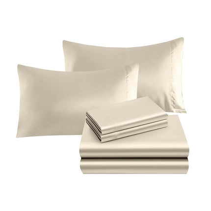 Parure de lit élégante en satin soyeux 4 pièces de luxe, Douce pour la peau et les cheveux, Résistante aux plis, à la décoloration et aux taches avec poches profondes, Drap-housse, Parure de lit rafraîchissante en satin doux, Grand lit (Queen), Crème