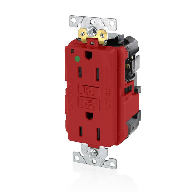 Leviton MGFN1-HGR 15A-125V Extra-Heavy Duty Hospital Grade Non-Tamper-Resistant Lev-Lok Duplex Self-Test GFCI Receptacle, Red, 15-Amp