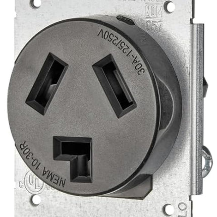 Leviton 5207-S10, 30 amperios, 125/250 voltios, NEMA 10-30R, 3P, 3W, receptáculo de montaje empotrado, hoja recta, grado industrial, sin toma a tierra, AL-CU, cableado lateral, correa de acero-negro, sin tamaño