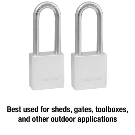 Master Lock Heavy Duty Solid Aluminum Padlock, Key Retaining Lock for Outdoor Use, 2in. Extended Shackle, Keyed Alike Padlocks, 2 Pack, 570TLH Silver