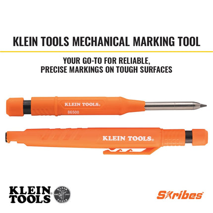 KLEIN TOOLS 86501 Skribes 2.8 mm Mechanical Carpenter Pencil with Built-In Sharpener, 4 Refills, and Deep Hole Marking for Woodworking and Construction