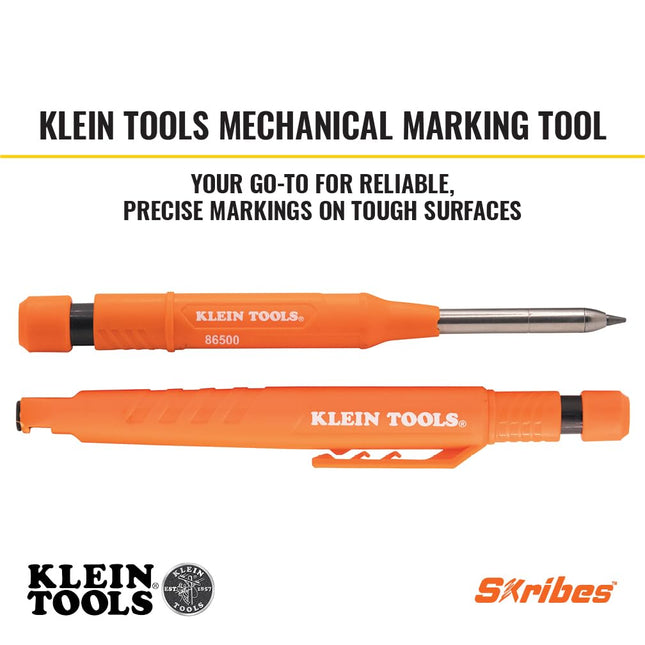 KLEIN TOOLS 86501 Skribes 2.8 mm Mechanical Carpenter Pencil with Built-In Sharpener, 4 Refills, and Deep Hole Marking for Woodworking and Construction