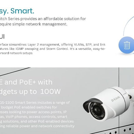D-Link DGS-1100-05PDV2 - 5-Port Gigabit Smart Managed Switch with VLAN support, layer 2 features, QoS, 802.3az EEE, Fanless