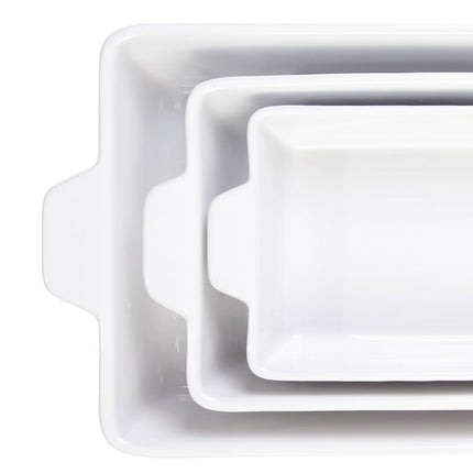 GarveeHome Baking Dishes Set of 3, Ceramic Bakeware Set with Handles, Porcelain Baking Pan Casserole Dishes for Oven and Microwave, Deep Lasagna Pan for Baking, Cooking, Wedding Gift - White
