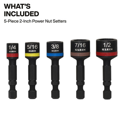 Klein Tools 32925S Nut Setter Set, Magnetic Impact Driver Set, 2-Inch Power Nut Drivers, Color-Coded, SAE, Impact-Rated, 5-Piece