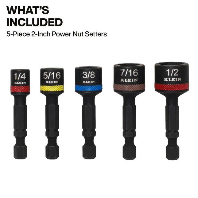 Klein Tools 32925S Nut Setter Set, Magnetic Impact Driver Set, 2-Inch Power Nut Drivers, Color-Coded, SAE, Impact-Rated, 5-Piece
