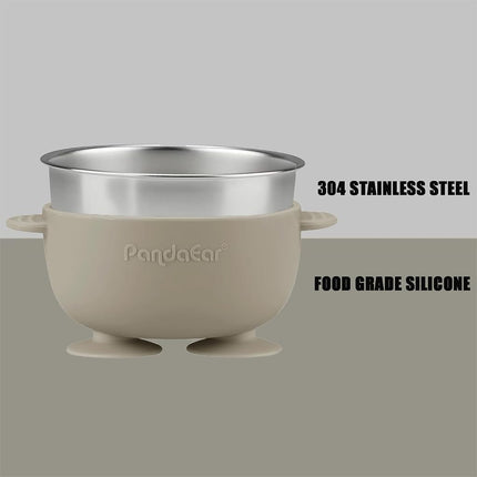 PandaEar 3 Pack Stainless Steel Suction Baby Bowls & 3 Baby Feeding Spoons | Non-Slip Stay Put Bowls & Soft Silicone First Stage Spoons for Toddlers, BPA-Free Baby Led Weaning Set (Linen Brown Grey)