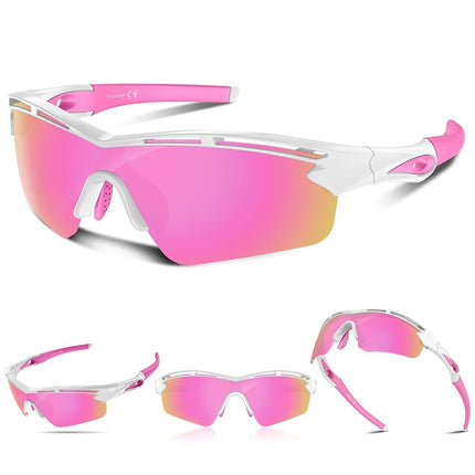 Polarized Sports Sunglasses for Men Women Youth Baseball Cycling Running Driving Fishing Tennis Golf TAC UV400 TR90, White/pink, One Size