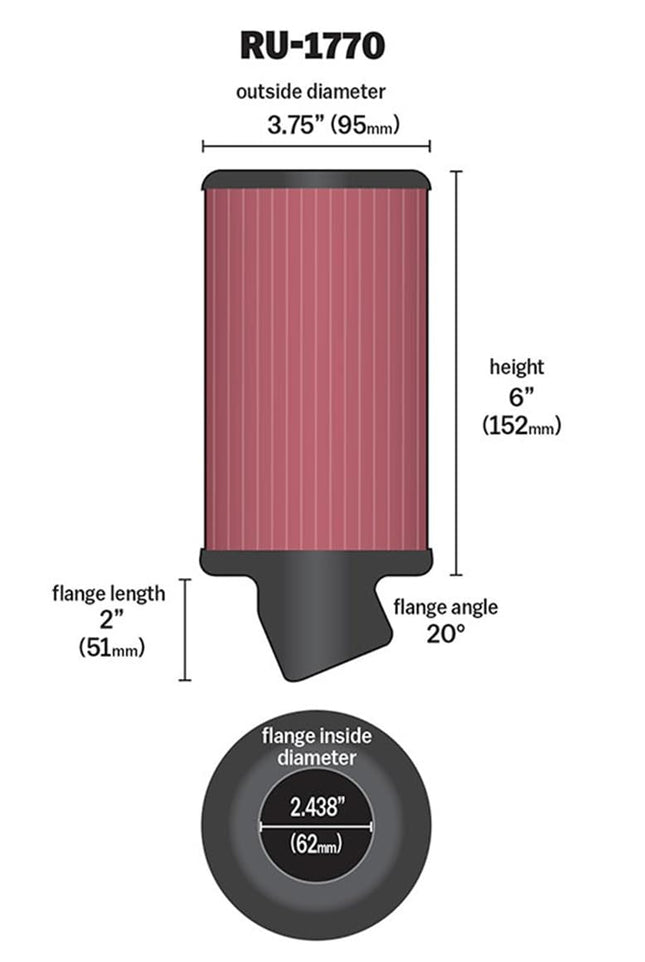 K&N Universal Clamp-On Air Filter: High Performance, Premium, Washable, Engine Filter: Flange Diameter: 2.4375 In, Filter Height: 6 In, Flange Length: 2 In, Shape: Round, RU-1770