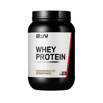 Bare Performance Nutrition, BPN Whey Protein Powder, Concentrado de proteína de suero, Caseína micelar nativa, Excelente mezclabilidad, Rollo de canela, Raciones por envase 27, Peso neto 921g
