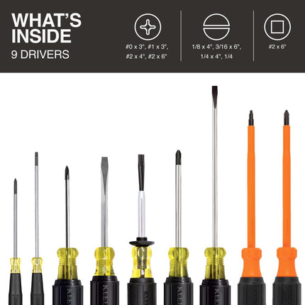 Klein Tools 85850 9-Piece Electrician Tool Set with (3) Phillips, (3) Slotted Drivers, (1) Screw-Holding Driver, (2) Insulated Drivers - Phillips and Square, Cushion-Grip Handle