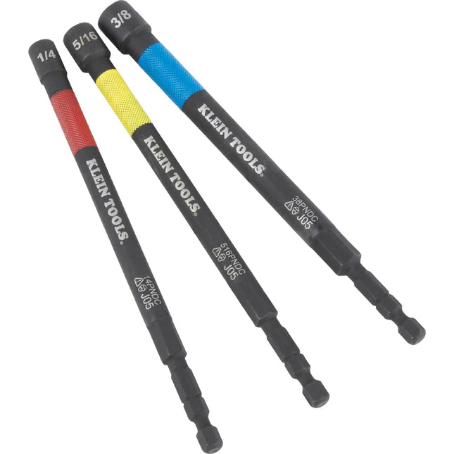 Juego de puntas magnéticas para tuercas codificadas por color Klein Tools 65411PK3, encastre hexagonal de impacto de 1/4", eje de 5", alcance extendido, 3 piezas