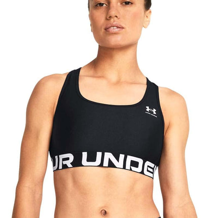 Under Armour Women's Heat Gear Mid Branded, Medium-Support Sports Bra with 4-Way Stretch Material, Gym Bra with Double-Lined Coverage,Midnight Navy / / White,SM