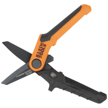 Klein Tools T2107 Titanium Coated Utility Scissors, Compact, Stainless Steel Shears, Serrated Blades, Cuts Heavy-Duty Materials, 7-Inch