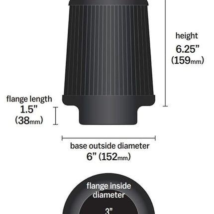 K&N Black Universal Dryflow Conical Air Filter 76mm flange, 152mm base, 133mm top, 152mm height (RU-3108HBK)