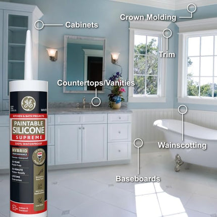 Sellador de silicona GE Supreme pintable para cocina y baño, blanco, 9.5 fl oz, 1 unidad