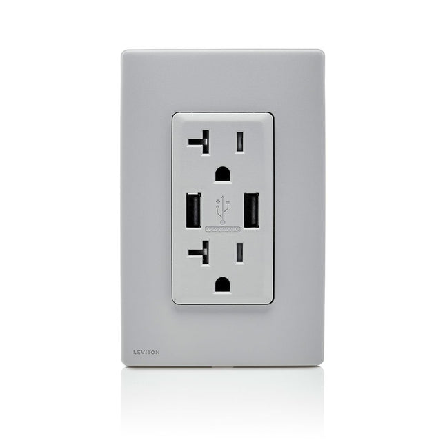 Leviton RUAA2-PG Renu Cargador USB/Receptáculo Dúplex Resistente a Manipulaciones, 20A-125VAC, Gris Guijarro, 20 Amperios
