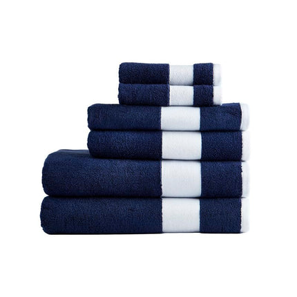 Lacoste Sport Stripe 6-Piece Luxury Cotton Towel Set – Made with 100% Soft Supima Cotton, Absorbent & Quick-Drying, Includes 2 Bath Towels, 2 Hand Towels, 2 Washcloths, Navy