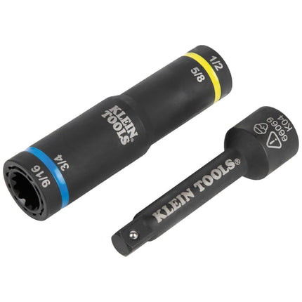Klein Tools 66009 Impact-Rated 4-in-1 Flip Quad Socket, 3/8-Inch Drive, 12-Point Color-Coded Deep Sockets with 4 Hex Sizes and Adapter