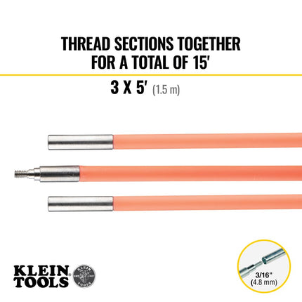 Klein Tools 50153 15-Foot Lo-Flex Flex Glow Fish Rod Set, (3) 1/4-Inch Fish Rods, Adapter, Bullet Nose, Attachments, Splinter Guard Coating