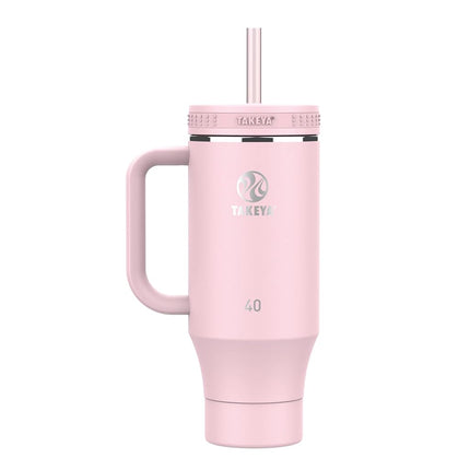 Takeya Straw Tumbler with Handle - for Coffee, Water & More - Durable with Built-in Silicone Coaster & 2 Straws - Double Stainless Steel Insulation - 40 oz, Blush