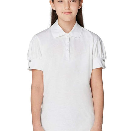 French Toast Girls' Puff Sleeve Double Button Polo School Uniform Shirt, White, 8