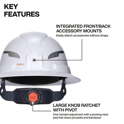 Klein Tools 60406T2RL Type 2 Hard Helmet, Full Brim, Unvented Full Brim, Class E Helmet with Chin, 6-Point Suspension with Accessory Brackets, Washable Padding and Headlamp