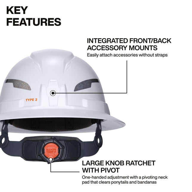 Klein Tools 60406T2RL Type 2 Hard Helmet, Full Brim, Unvented Full Brim, Class E Helmet with Chin, 6-Point Suspension with Accessory Brackets, Washable Padding and Headlamp