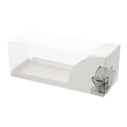 Restaurantware-7 Inch x 2.5 Inch Clear Dessert Boxes, 100 White Paper Sleeve Transparent Candy Boxes - Lotus Accent, No Grease Lining, Clear Plastic Clear Favor Boxes, Crack Resistant, Disposable