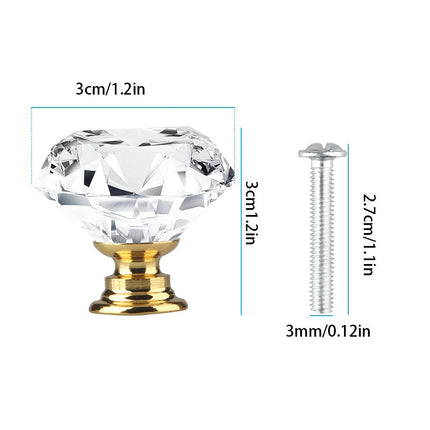 [12 PCS] 30mm Crystal Clear Glass Cabinet Drawer Pulls Golden Base, Tomorotec Diamond Shape Cupboard Knobs with Screws for Kitchen, Dresser, Cupboard, Bathroom, Wardrobe (1.2 inch / 30 mm)
