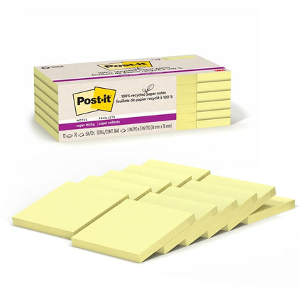 Post-it 100% Recycled Paper Super Sticky Notes, 2X The Sticking Power, 3x3 in, 12 Pads/Pack, 70 Sheets/Pad, Canary Yellow(654R-12SSCY)