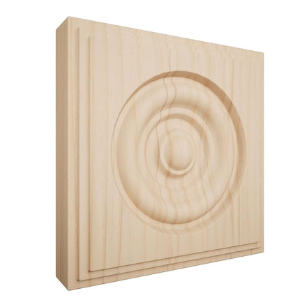 5 1/2"W x 5 1/2"H x 1 1/8"P Americraft Solid Hardwood Stain Grade Square Rosette with Center Bullseye with Decorative Edge, Alder