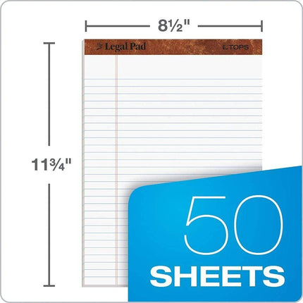 TOPS The Legal Pad Writing Pads, 8-1/2 x 11-3/4, Legal Rule, 50 Sheets, 12 Pack (7533), White