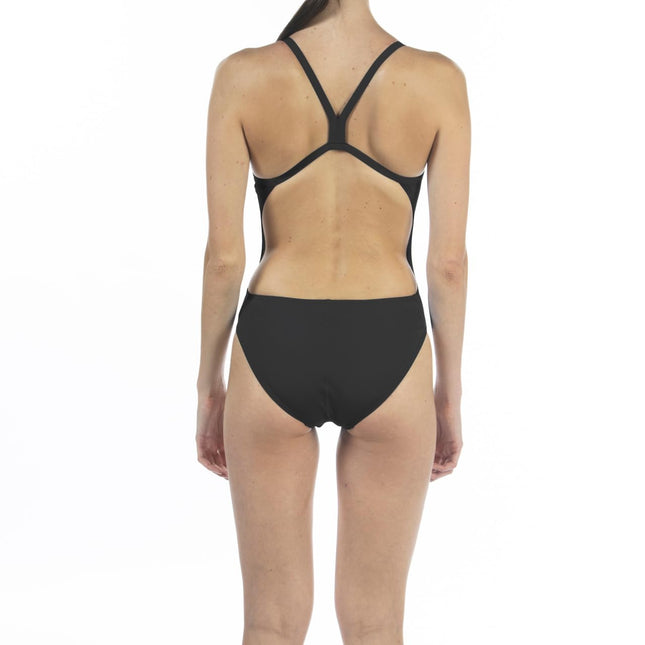 ARENA Women's Sports Swimsuit Solid Challenge Back One Piece, Black/Metallic Silver, 28
