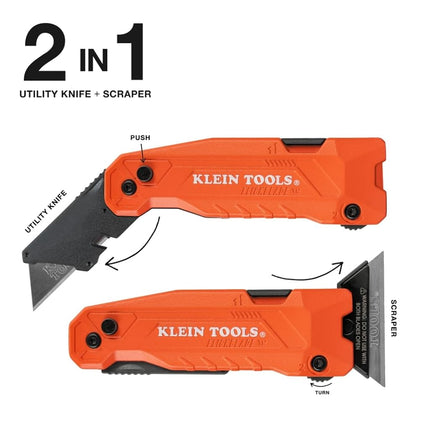 Klein Tools 44306 FLICKBLADE 2-in-1 Folding Utility Knife and Scraper, Built-in Blade Storage, Double Locking Position, Includes 3 Triple Ground Carbon Steel Blades