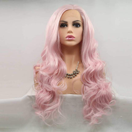 Xiweiya Long Pink Wavy Wig Synthetic Pink Wavy Lac
