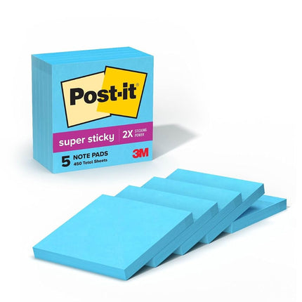 Post-it Super Sticky Notes, 2X Sticking Power, 3 x 3-Inches, Electric Blue, 5-Pads/Pack (654-5SSBE)