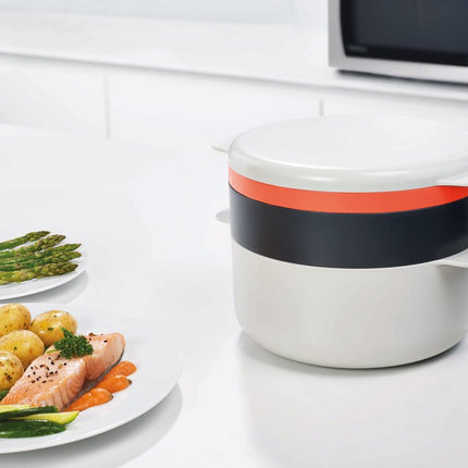 Joseph Joseph M-Cuisine Microwave 4-Piece Stackable Cooking Set, 2 litre cooking pot, steamer, griddle and lid, Orange/Beige