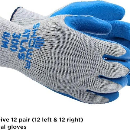 SHOWA Atlas 300 Original 1994 Crinkle Grip Work Gloves, Natural Latex Palm, Heavy Duty 10-Gauge for Construction, Landscaping, Gardening, & Masonry, Blue, Medium, 12-Pack