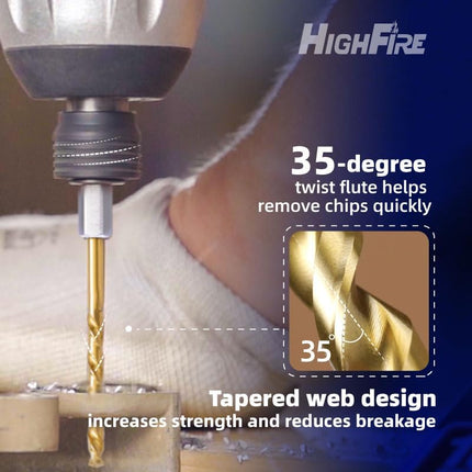 HIGHFIRE 3/16 Inch Twist Drill Bits - HSS Sharp Hex Shank, TiN Coated for Metal - Steel, Copper, Aluminum, Zinc Alloy (6 PCS Same Size in One Pack)