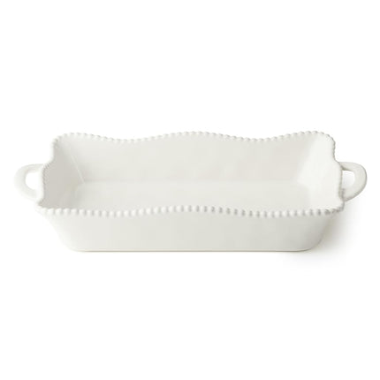 Perlette Cremosa, Fuente Rectangular Mediana de Cerámica – 41.28 x 21.59 cm Elegante Vajilla de Gres con Borde Festoneado y Borde de Cuentas – Fuente de Horno a Mesa para Guisos, Asados y Entretenimiento Diario